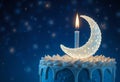 Birthday cake with crescent moon candle, night sky background Royalty Free Stock Photo