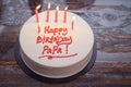 Birthday Cake for Dad written `Happy Birthday Papa` on the table. Burning candle on cake