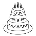 Birthday cake decorated with candles. Sketch. Three tiered dessert on a platter. Doodle style