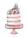 Birthday cake decorated with cream and flowers on a stand, pink wedding dessert, modern pastry shop. Hand drawn vector