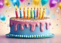 Colorful decorated birthday cake with lit colored candles.