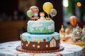 Birthday cake decorated with toys and balloons. Selective focus, A babyÃ¢â¬â¢s first birthday celebration with a themed cake, AI Royalty Free Stock Photo