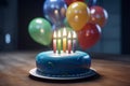 Birthday Cake Delicious Icing Frosting Colorful Whimsical with Lit Candles and Party Balloons in Background Image