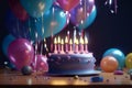 Birthday Cake Delicious Icing Frosting Colorful Whimsical with Lit Candles and Party Balloons in Background Image