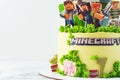 Birthday cake for a fan of Minecraft game on white background