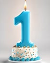 Birthday cake with first number candle, 3D render isolated on gray background.