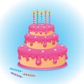 Birthday cake with five burning candles and pink cream isolated on blue background. Vector drawing illustration Royalty Free Stock Photo
