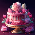 Birthday cake with flowers. 3d rendering, 3d illustration. Generative AI dessert ai