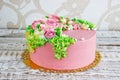 Birthday cake with flowers rose on white background Royalty Free Stock Photo