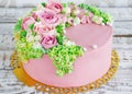 Birthday cake with flowers rose on white background Royalty Free Stock Photo