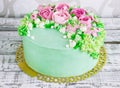 Birthday cake with flowers rose on white background Royalty Free Stock Photo