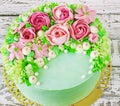 Birthday cake with flowers rose on white background Royalty Free Stock Photo