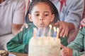 Birthday, cake and girl with candles, happy and excited at a party celebration with family. Children, event and birthday Royalty Free Stock Photo