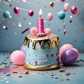 Birthday cake glitter and confetti background with candles and bokeh lights. Generative Ai Royalty Free Stock Photo