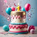 Birthday cake glitter and confetti background with candles and bokeh lights. Generative Ai Royalty Free Stock Photo