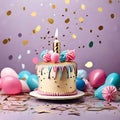 Birthday cake glitter and confetti background with candles and bokeh lights. Generative Ai Royalty Free Stock Photo