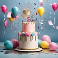 Birthday cake glitter and confetti background with candles and bokeh lights. Generative Ai Royalty Free Stock Photo