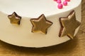 Birthday cake with golden gingerbread stars. Close up