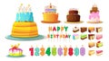 Birthday cake. Happy anniversary party cakes, bakery icons. Cartoon cream sweets, delicious baked. Numbers and letters