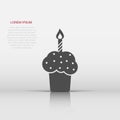 Birthday cake icon in flat style. Fresh pie muffin sign illustration pictogram. Cupcake business concept