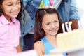 Birthday cake, kids party celebration and happy children, friends or people celebrate childhood memory event Royalty Free Stock Photo