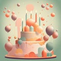 birthday cake with lighting candles and balloons simple digital art 2d pastel color