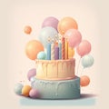 birthday cake with lighting candles and balloons simple digital art 2d pastel color