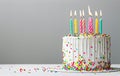 Birthday Cake With Lit Candles, Confetti, and Balloons Royalty Free Stock Photo