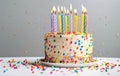 Birthday Cake With Lit Candles, Confetti, and Balloons Royalty Free Stock Photo