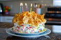 A birthday cake with a lot of chips on it Royalty Free Stock Photo