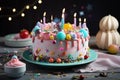 Birthday cake with lots of toppings and icing on the top. Special birthday cake illustration with colorful candles and fruits.
