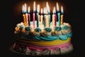 a birthday cake with many lit candles on it\'s top and a rainbow swirl cake with white frosting and p Royalty Free Stock Photo