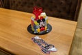 Birthday cake with Mickey Mouse cartoon character. Thematic Walt Disney event for child. Inscription in Russian - Timur is 3 years