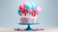 Birthday cake in modern minimalist style with candles and balloons on a pale background