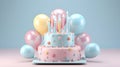 Birthday cake in modern minimalist style with candles and balloons on a pale background