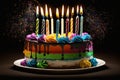 a birthday cake with multicolored icing and lit candles on a plate with confetti sprinkles and sprinkles Royalty Free Stock Photo