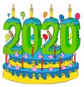 Birthday Cake With New Year Number 2020 Candle, Celebrating 2020 New Year, Colorful Balloons and Chocolate Coating