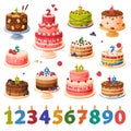 Birthday cake and number age candles set. Festive dessert with burning number shaped candles cartoon vector illustration Royalty Free Stock Photo