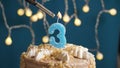 Birthday cake with 3 number candle on blue backgraund. Candles are set on fire