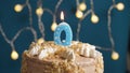 Birthday cake with 0 number candle on blue backgraund. Candles blow out