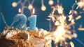 Birthday cake with 21 number candle and sparkler on blue backgraund