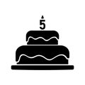 birthday cake with number five candle, simple black vector icon Royalty Free Stock Photo