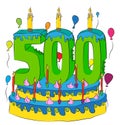 500 Birthday Cake With Number Five Hundred Candle, Celebrating Five Hundredth Year of Life, Colorful Balloons and Chocolate Coatin