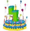 Birthday Cake With Number Four Candle, Celebrating Fourth Year of Life, Colorful Balloons and Chocolate Coating