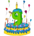 Birthday Cake With Number Nine Candle, Celebrating Ninth Year of Life, Colorful Balloons and Chocolate Coating