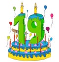 Birthday Cake With Number Nineteen Candle, Celebrating Nineteenth Year of Life, Colorful Balloons and Chocolate Coating
