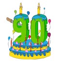 90 Birthday Cake With Number Ninety Candle, Celebrating Ninetieth Year of Life, Colorful Balloons and Chocolate Coating Royalty Free Stock Photo