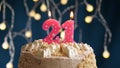 Birthday cake with 21 number pink candle on blue backgraund