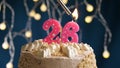 Birthday cake with 26 number pink candle on blue backgraund. Candles are set on fire Royalty Free Stock Photo