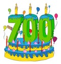 700 Birthday Cake With Number Seven Hundred Candle, Celebrating Seven Hundredth Year of Life, Colorful Balloons and Chocolate Coat